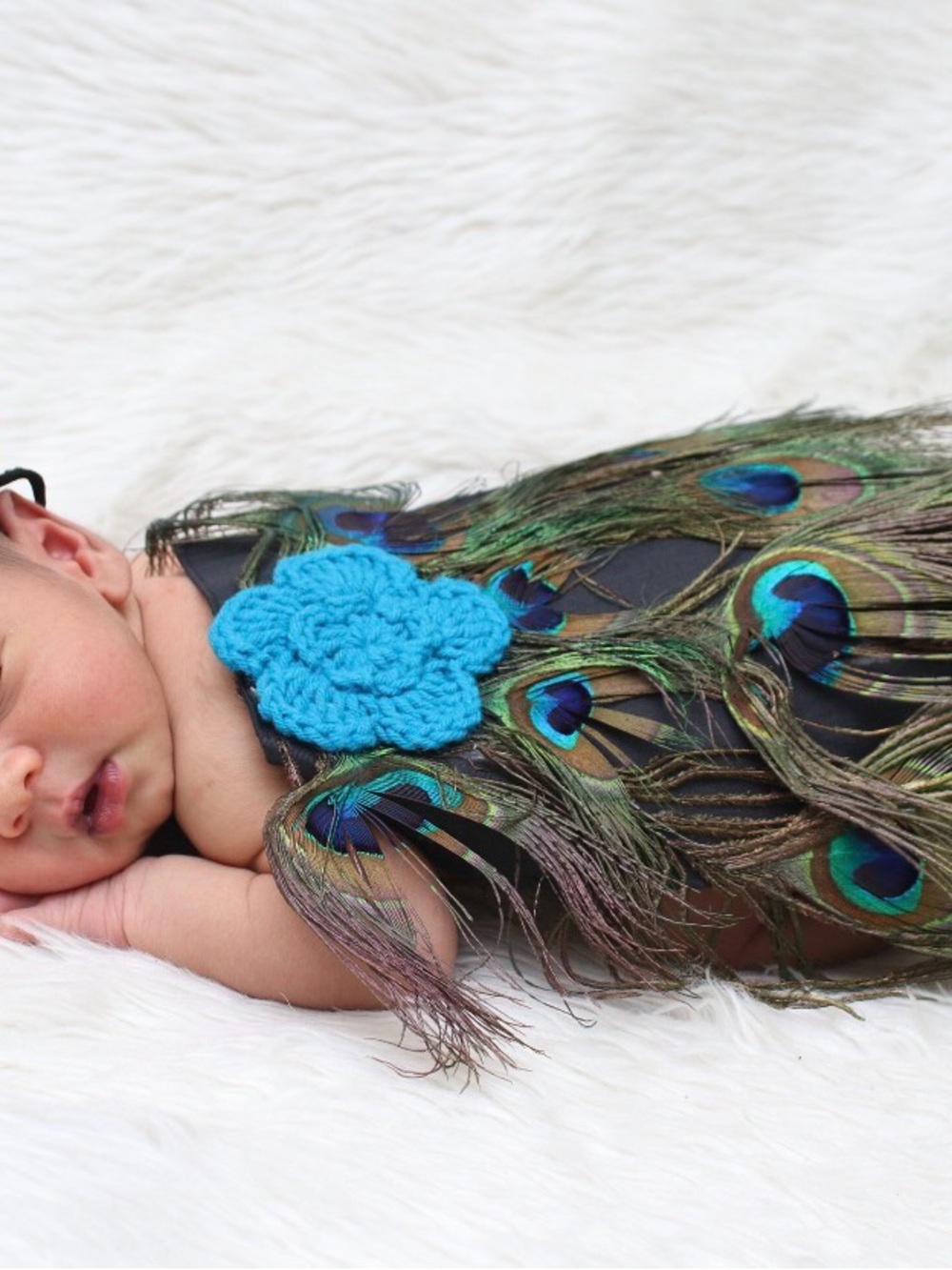 Handmade Peacock Feather Baby Headband with Blue Crochet Flower Matching Cape